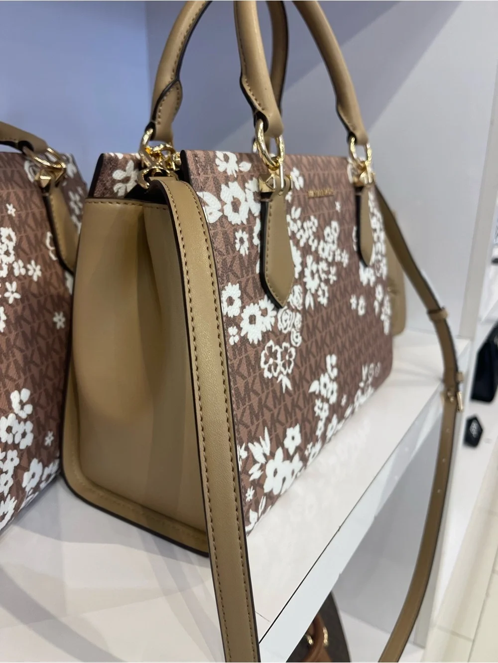 MICHAEL KORS Marilyn Medium Printed Signature Logo Satchel Crossbody  CAMEL NWT